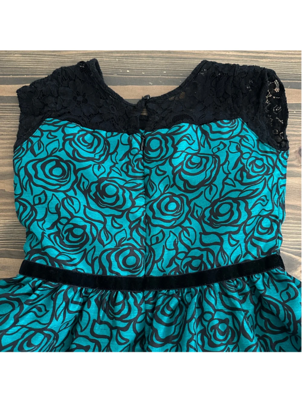 Gymboree Dressed Up Girls Dress Size 10 Teal Black Rose Print Lace Tulle